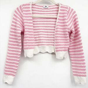 YLLW Womens Pink White Striped Textured Coquette Cropped Cardigan Sweater XS